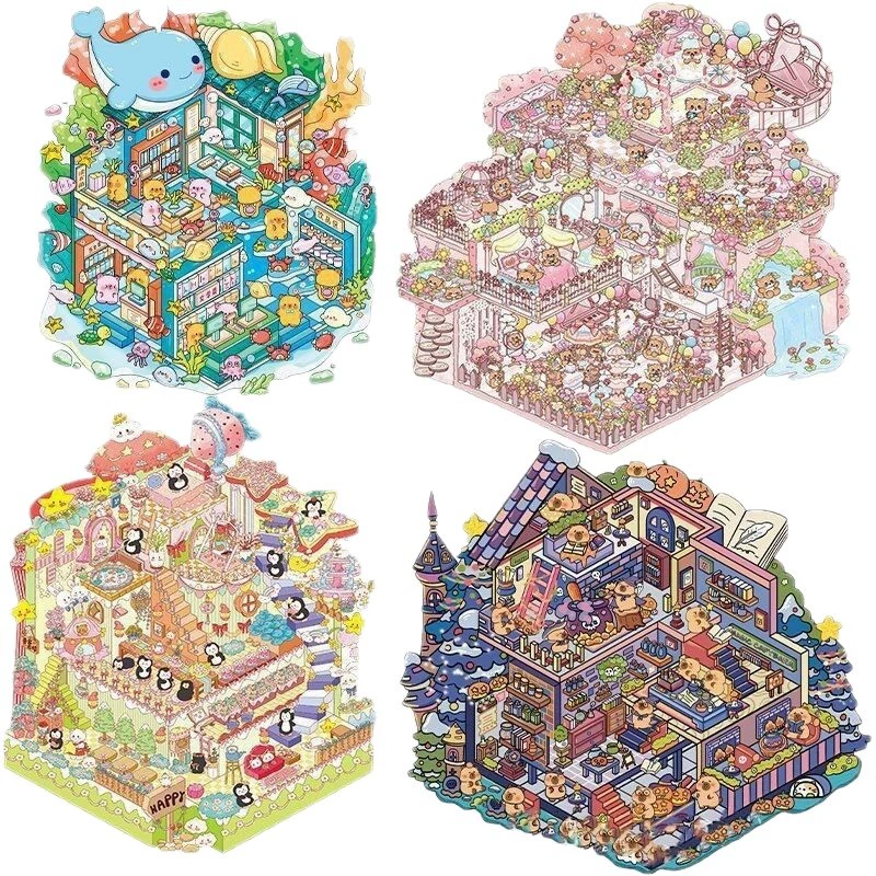 3D Large Scene Sticker, Cute Cartoon Storage System, Korean Style, Multi-Theme