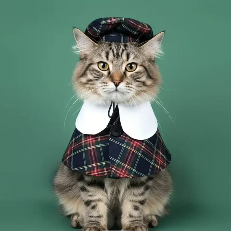 Pet Cape Two-Piece Set, Cat and Dog All-Season Clothing, Cape, British Style, Cute Teddy Schnauzer Pomeranian Transformation Outfit