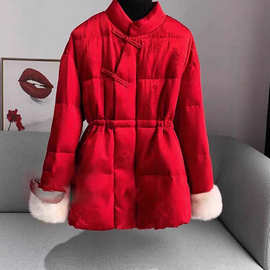 工厂红色中国风水貂皮草羽绒棉服女鹅绒内胆气质收腰显瘦整貂外套