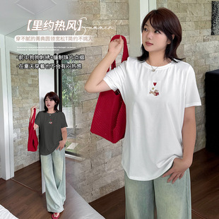 Eno Plus Size Women's Simple Puppy Embroidered Short-Sleeved T-Shirt 2025 Summer Round Neck Pullover Slimming Look Top 262554