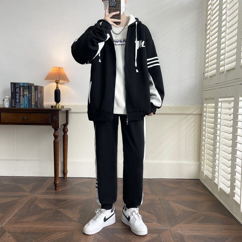 Juveniles hombres otoño y invierno más terciopelo traje casual cardigan encapuchado pantalones largos de dos piezas traje casual de hombre