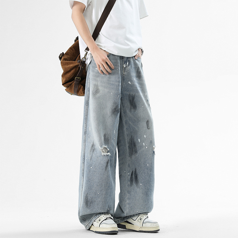 American-Style Youth Street Heavy-Washed Graffiti Loose Oversized Washed Jeans for Men, Straight-Leg Casual Trendy Denim