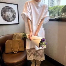 韩版宽松时尚休闲套装女夏新款慵懒风简约叠穿白色T恤网纱蕾丝裙