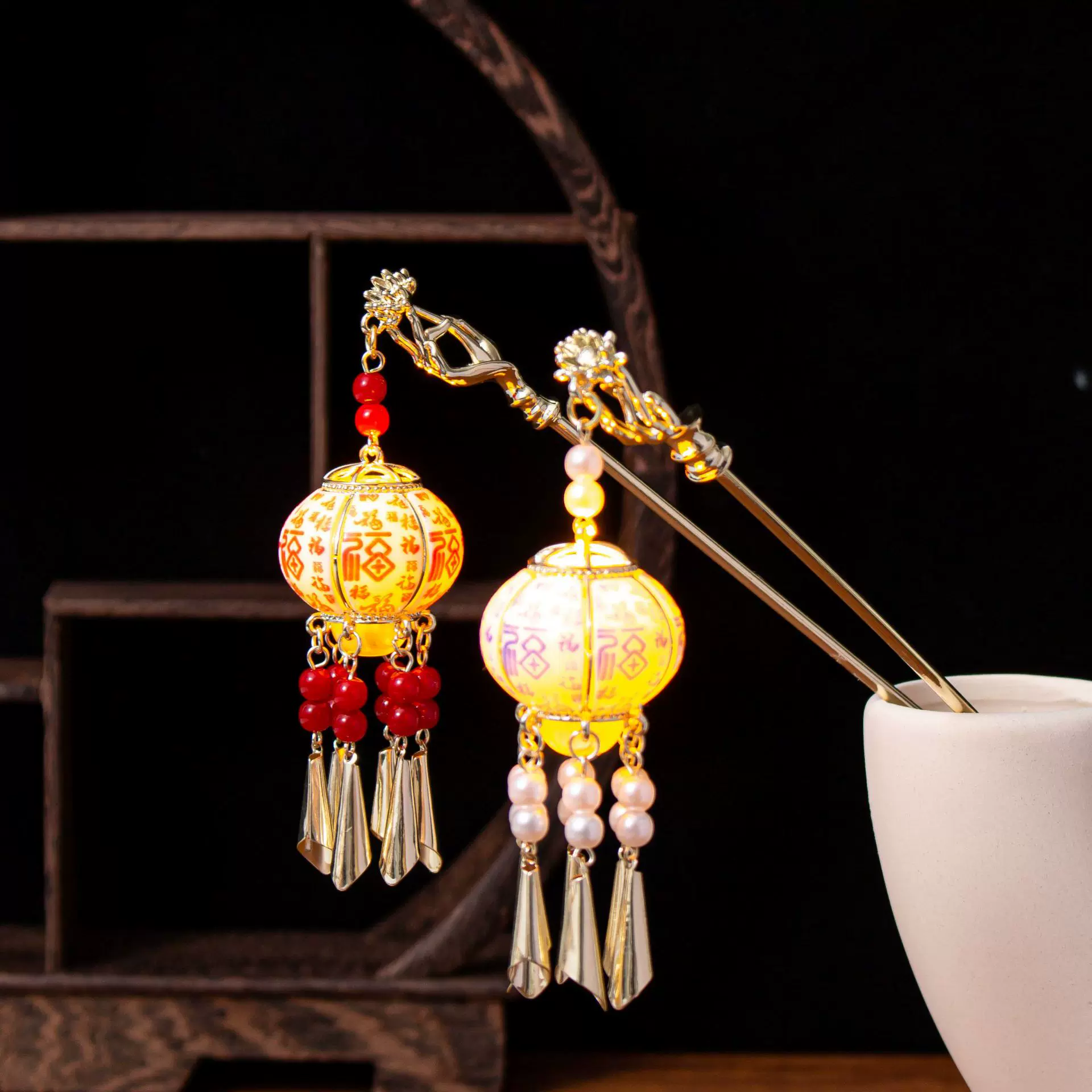 宫灯发光发簪古风步摇风铃簪子古典后脑勺灯笼盘发发钗高级感发饰