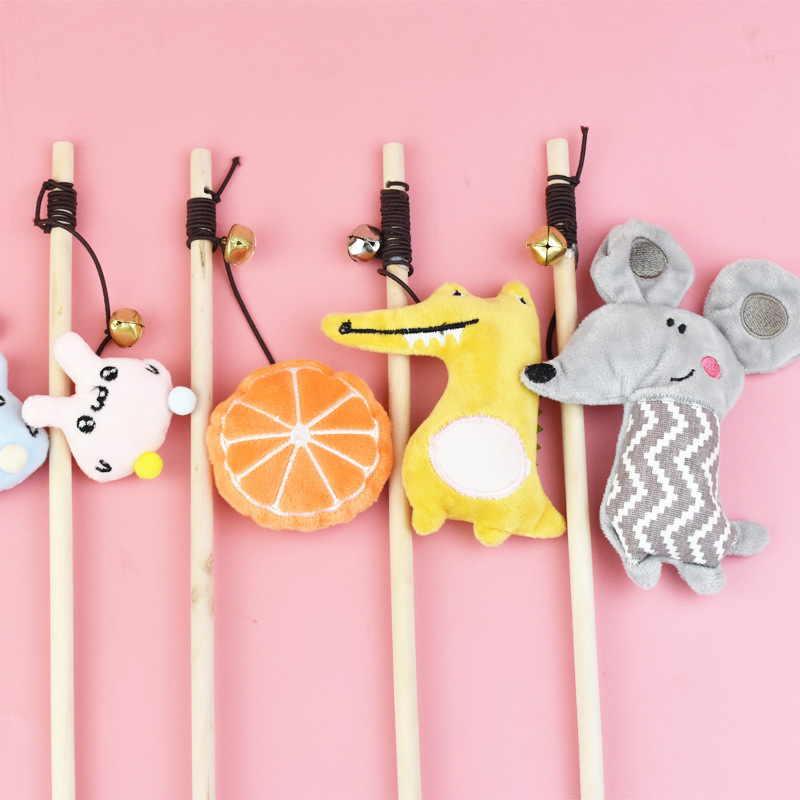 New Wooden Cat Stick with Original Wood Bells, Cartoon Plush Toy Cat Stick