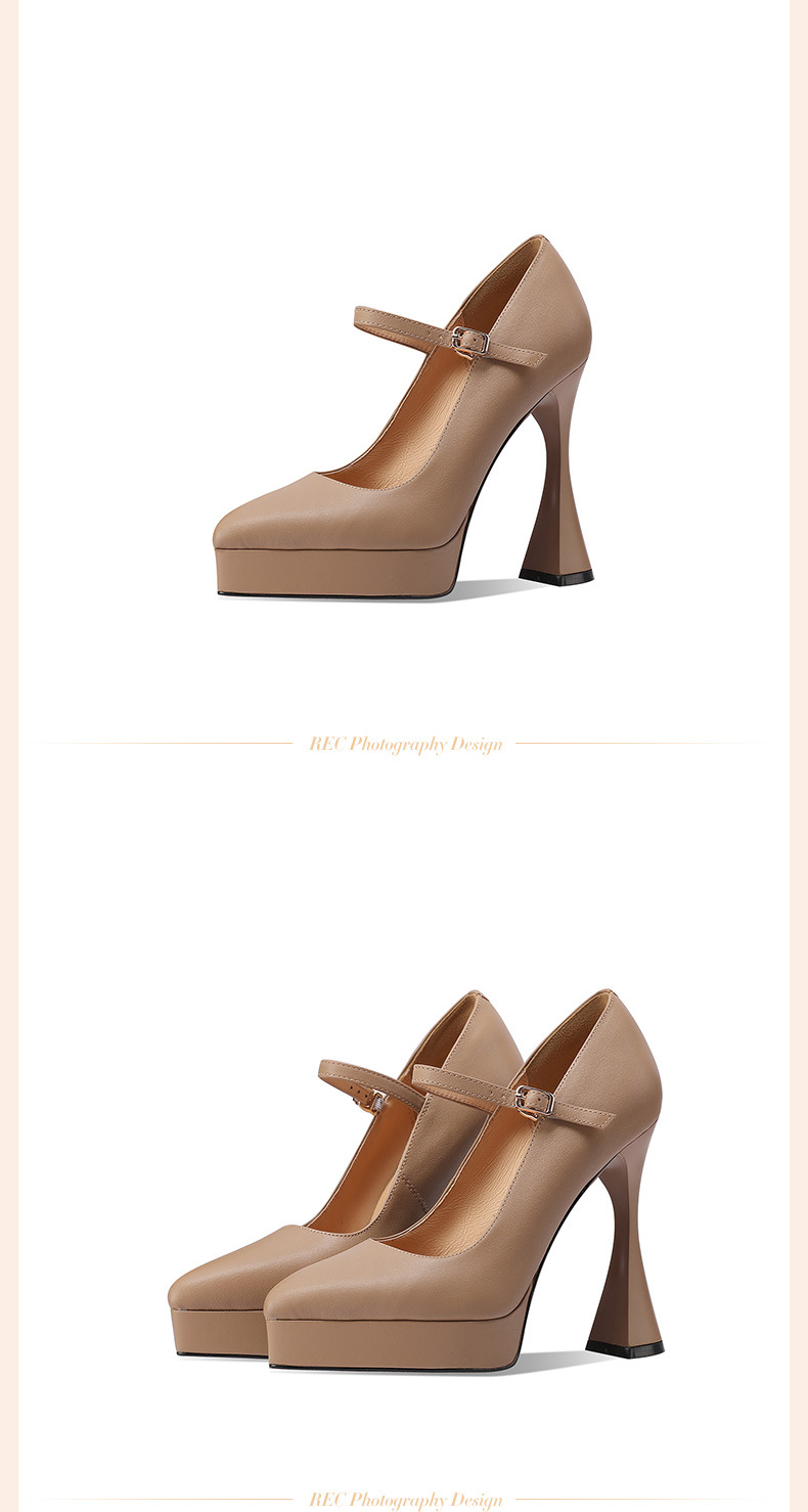 Giày sandal cao gót nữ mũi nhọn da thật, gót siêu cao 12 cm, quai một dây, đế platform, phong cách dạ tiệc — đen chi tiết 4