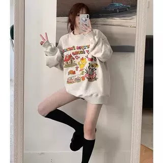 可爱卡通印花无帽卫衣女秋冬新款宽松显瘦加绒加厚百搭休闲上衣服