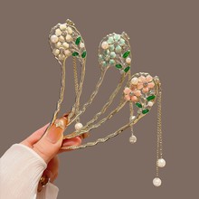 花朵流苏u型发簪女新中式旗袍发钗盘发月牙簪子敬酒服新娘头饰品