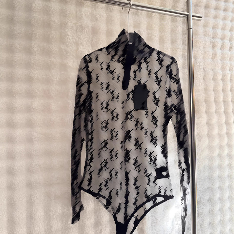New Mesh Long-Sleeved Top, Round Neck, Sexy Transparent T-Shirt, Lace Top, Women's Letter Logo Printed All Over, Long Sleeves