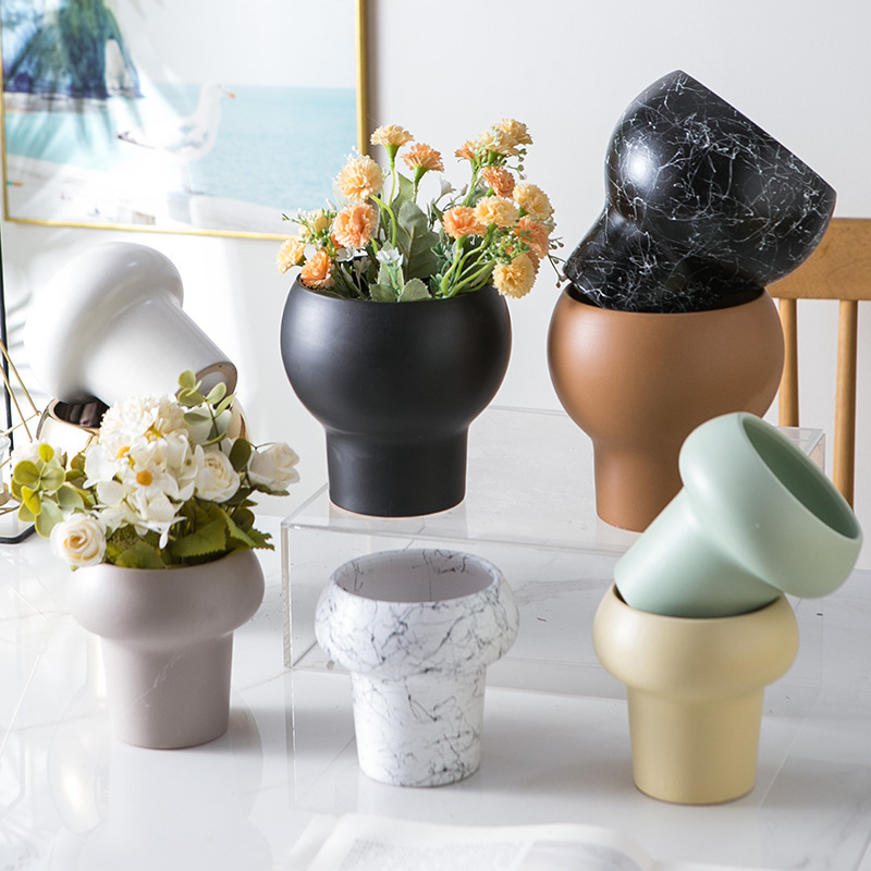 High foot trophy ceramic flower pot marble flower pot simulation flower green plant hotel ceramic ware factory direct sales