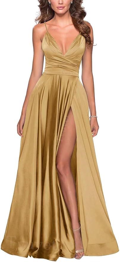 Elegante vestido de fiesta largo con cuello en V dividido, plisado de dama de honor de gasa larga, vestido formal, vestido de noche de satén