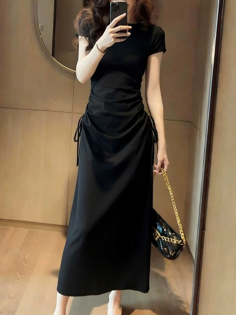 Đầm maxi trẻ em tay ngắn phong cách Pháp Vintage, thiết kế thắt lưng xếp li hông — màu đen, màu xám chi tiết 7