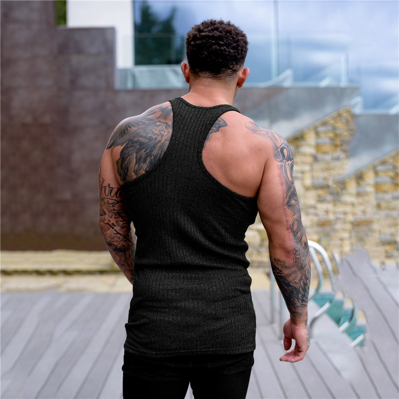 Verano de punto chaleco fitness hombres en forma de I espalda delgada rayas verticales moda ropa deportiva entrenamiento transpirable camiseta sin mangas