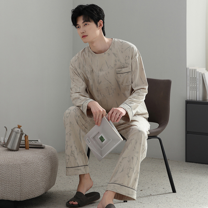 Men's pajamas made of pure cotton, suitable for spring and autumn, loose fit, plus size, pullover style, casual, high-end feel, long-sleeved, long-pants home wear set