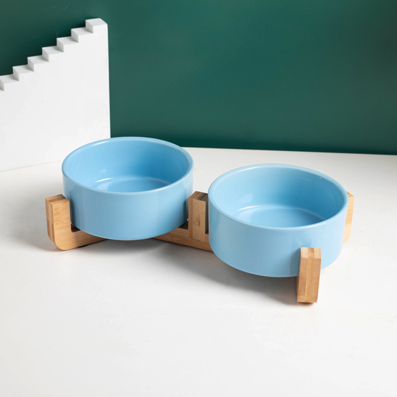 Tazón recto doble tazón azul + tazón doble estante de madera