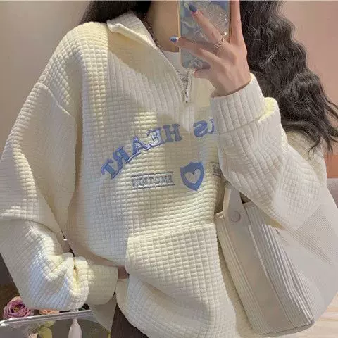 美式Polo衫华夫格卫衣女春秋款设计感小众韩版宽松慵懒风刺绣上衣