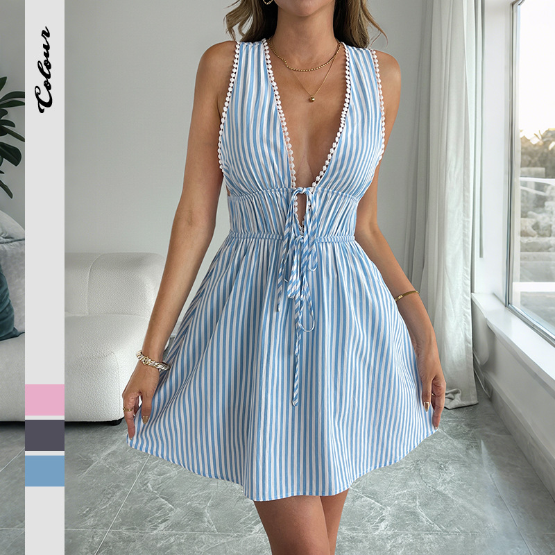 Amazon Cross-Border 2025 Summer New Style Fresh Seaside Resort Style Shoulder Strap Dress Sleeveless Striped Backless Dress