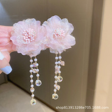 银针粉色网纱花朵珍珠流苏耳环时尚设计感甜美气质耳坠耳饰女仙气