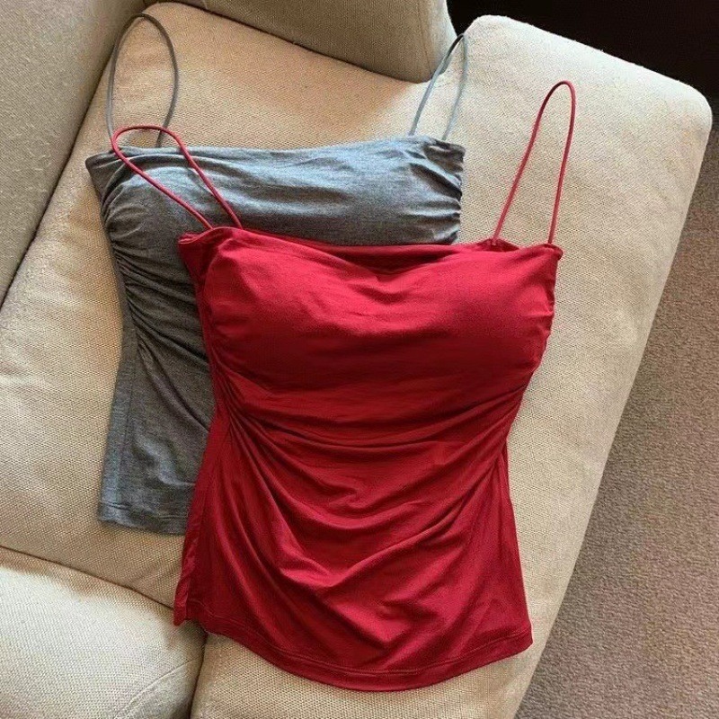Trendy Pleated Solid Color Camisole Slim Fit Integrated Beautiful Back Fixed Cup with Chest Pad Innerwear for Women
