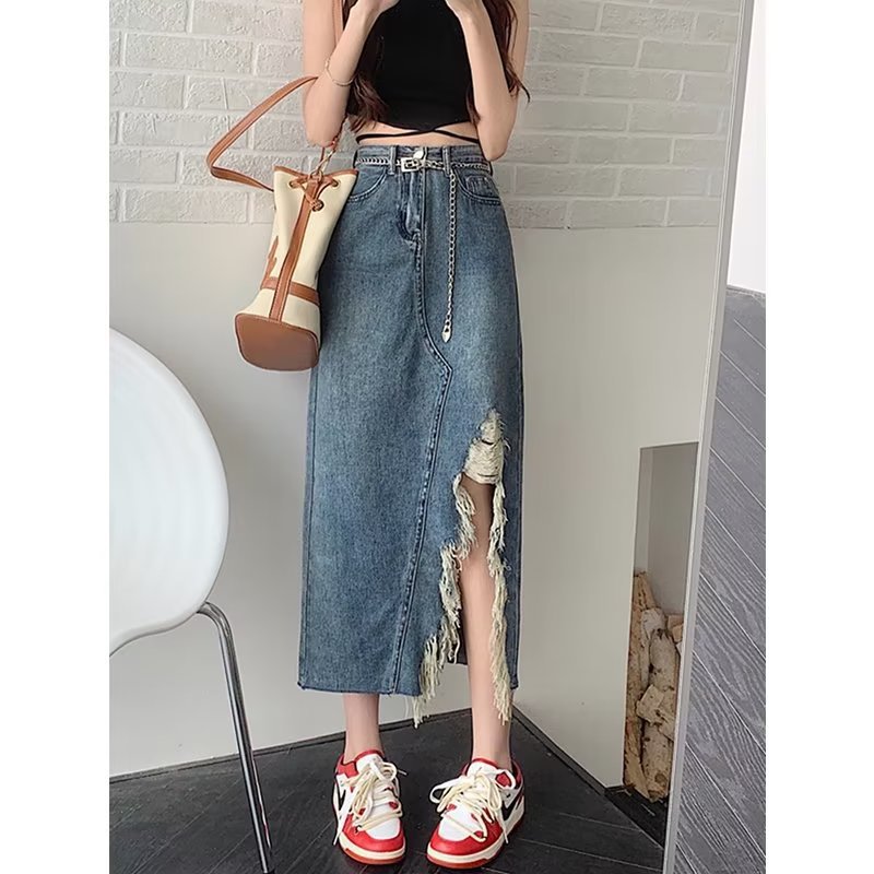 Retro design summer long denim skirt