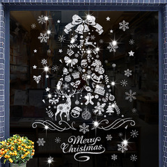 クリスマス装飾シール粉をまいて金色のクリスマスツリーを飾って静電気ガラスの窓を描いて雪の扉を貼って貼ります。