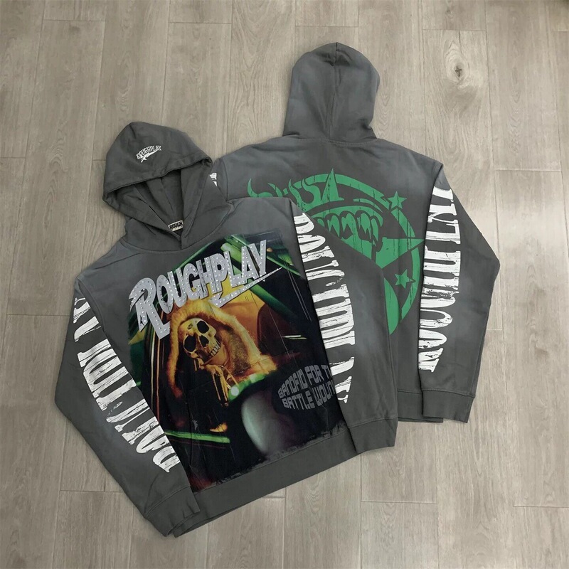 Roughplay American Hip-Hop Style Rhinestone Skull Print Hooded Sweatshirt for Men and Women, Loose Vintage Casual Jacket Roughplay American Hip-Hop Style Rhinestone Skull Print Hooded Sweatshirt for Men and Women, Loose Vintage Casual Jacket