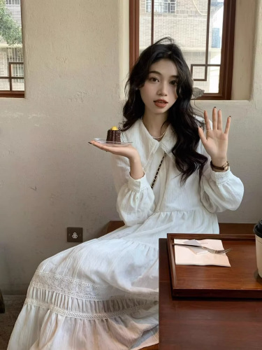 White Gentle Breeze Babydoll Neck Long-Sleeve Dress for Women, Spring and Autumn French Style, Elegant and Slimming Fairy Dress