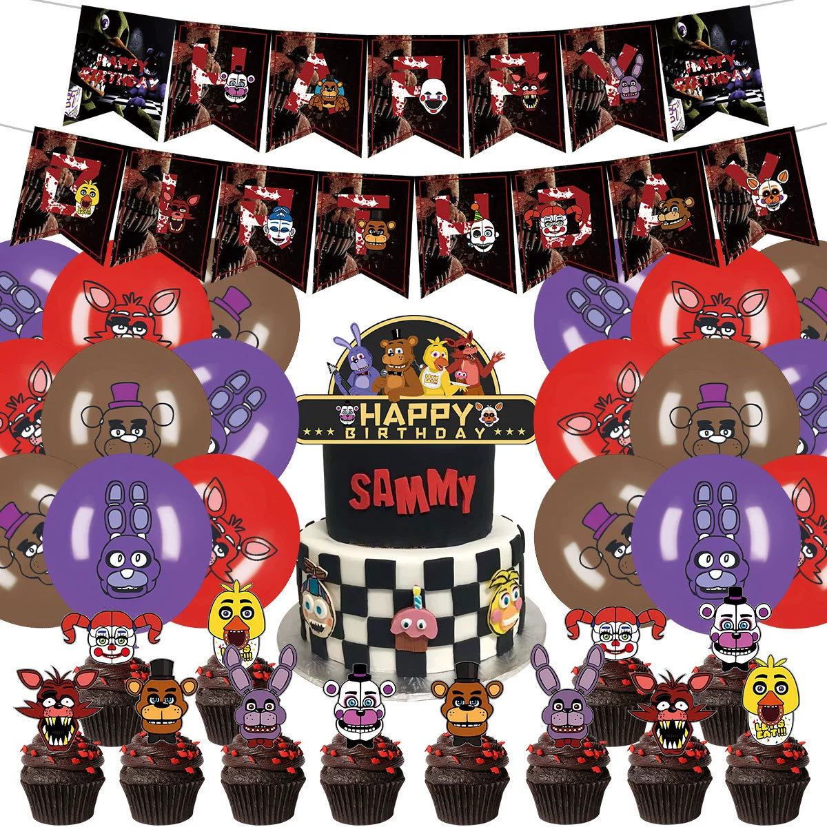 Украшение на день рождения для медведя-игрушки тема FNAF, флаг-подъемник, флажок для торта, набор флажков-баллонов для игры