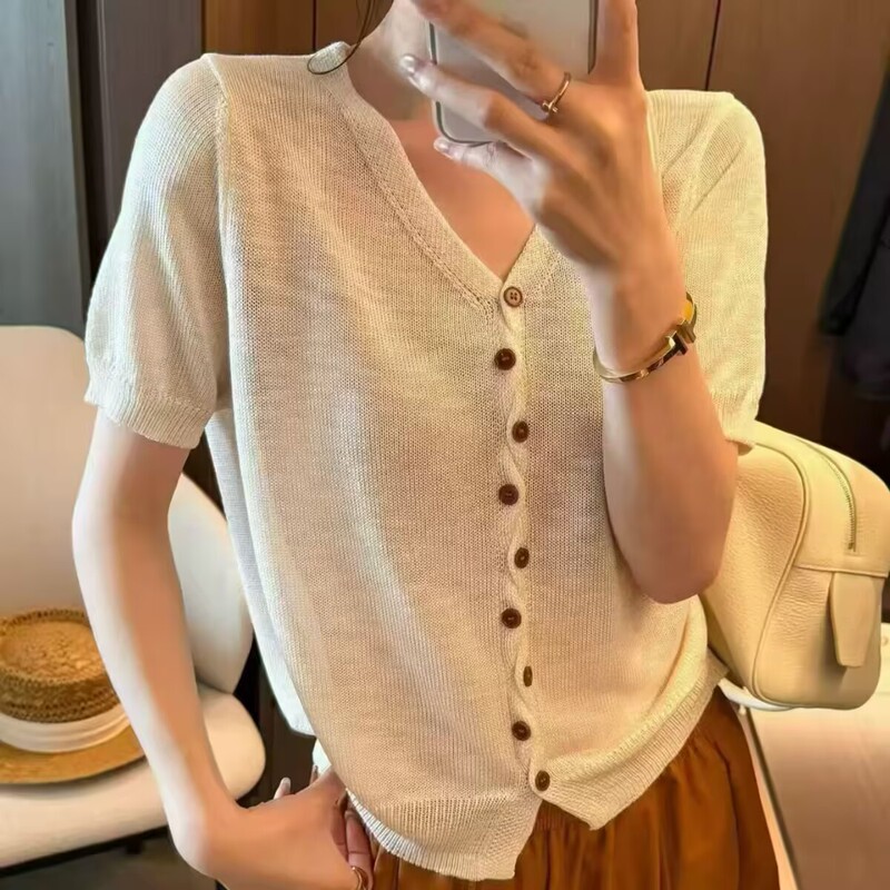 2026 Spring/Summer New Pearl Linen V-Neck Knitted Cardigan Short Sleeve Cross Button Solid Color Loose Versatile Top