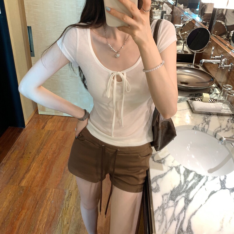 Dream of Ling Design-Inspired Lace-Up Hollow-Out Short-Sleeve T-Shirt for Women, Summer Thin Style, Slimming, Solid Color, Versatile Fitted Top for Women
