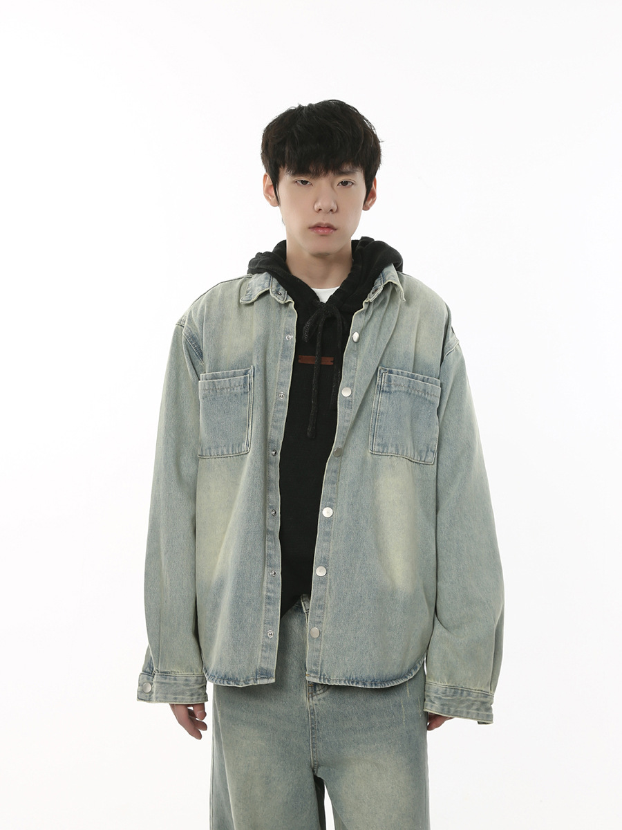 MTLCLOTHES para hombre | 2023 otoño nuevo producto suelto lavado blanco despojado camisa chaqueta pantalones traje