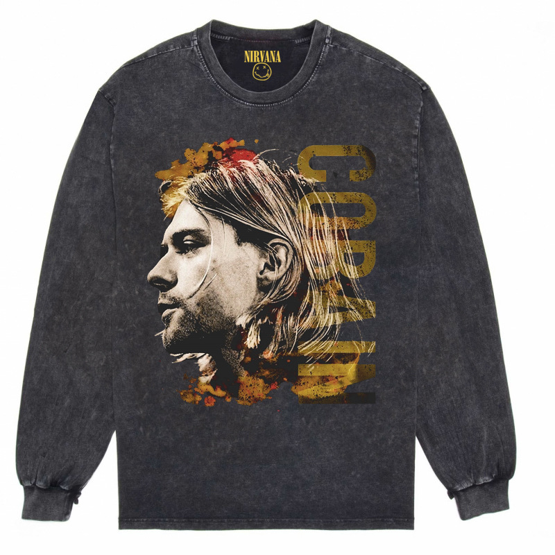 Nirvana Vintage American retro apenado rock punk angustiado lavado batik Camiseta de manga larga