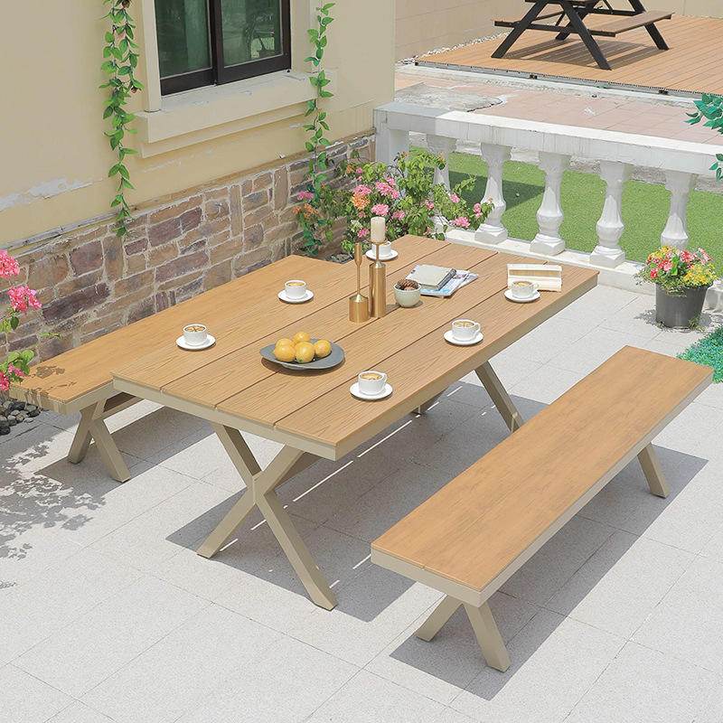 Mesa larga de madera plástica 220 * 90 cm + 2 * Banco de madera plástica 220 * 36 cm