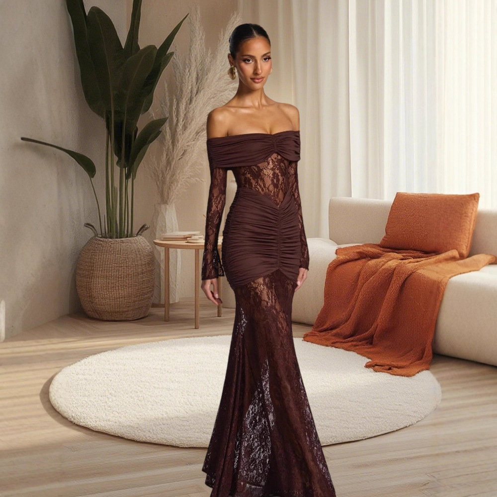 Off-Shoulder Mermaid Evening Dress – Sexy Cutout & Long Sleeve Bodycon Gown (S/M/L/XL, Beige/Brown, Elegant Prom Dress For Women)_ecoleips.com