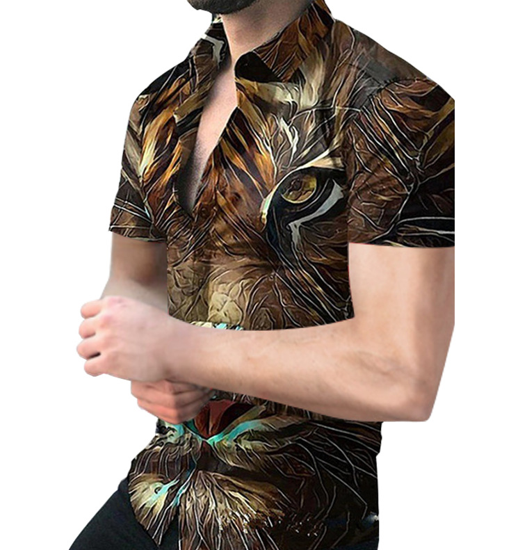 2023 Comercio exterior europeo y americano de los hombres de primavera nueva manga corta impresa casual solapa más tamaño camisa de los hombres