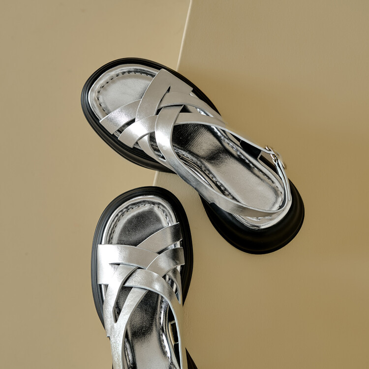 Sandal da cừu đế dày hở ngón tăng chiều cao nữ — Màu bạc, Màu mơ chi tiết 34