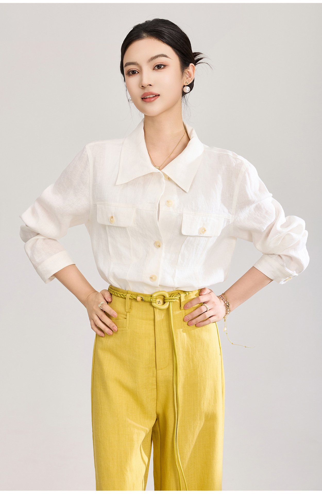 Áo sơ mi nữ linen phong cách Old Money hai túi xếp ly kiểu công nhân — màu cam chi tiết 2