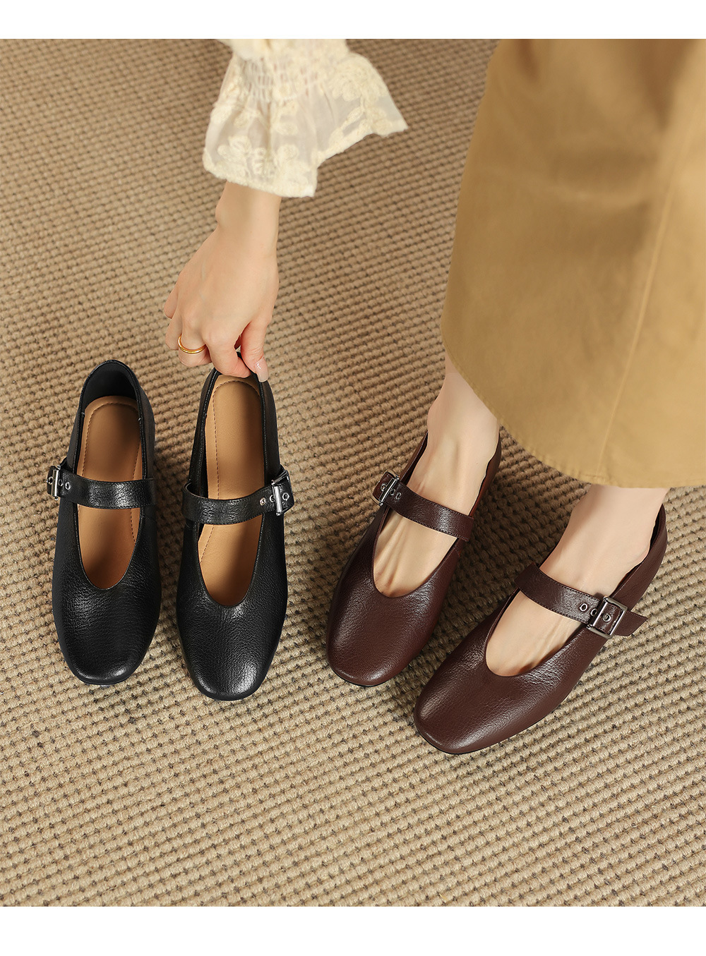 Giày Mary Jane nữ da cừu mũi tròn gót thô thấp, cỡ lớn 34–41 — Màu nâu chi tiết 7