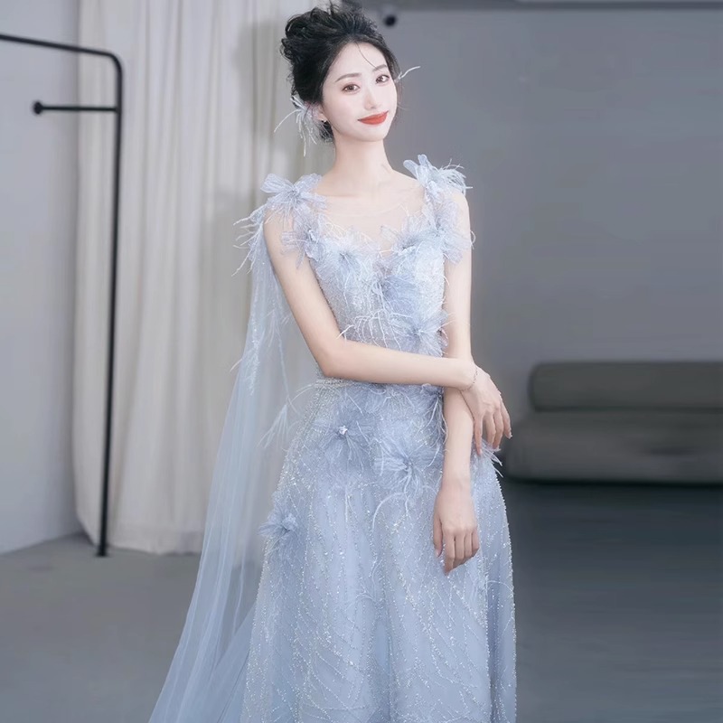 Fairy Sling Evening Dress Host Birthday Banquet Adult Ceremony Blue Puffy Yarn Annual Meeting dress Senior Sense