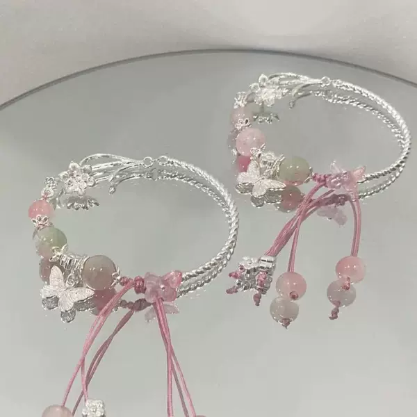 Chinese Antique Butterfly Pink Bracelet Sweet and Delicate Niche High-grade High-value Design Student Bracelet