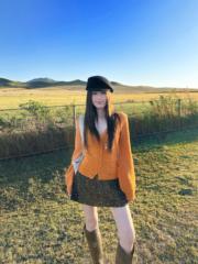 韩系氛围感早秋上衣镂空开衫橘色针织衫毛衣女别致修身V领打底衫