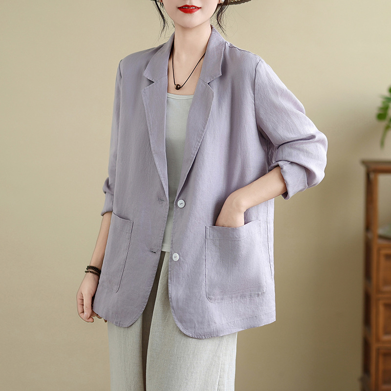 2025 Early Autumn New Long-Sleeved Cotton and Linen Small Suit Linen Loose Pocket Small Suit Casual Jacket