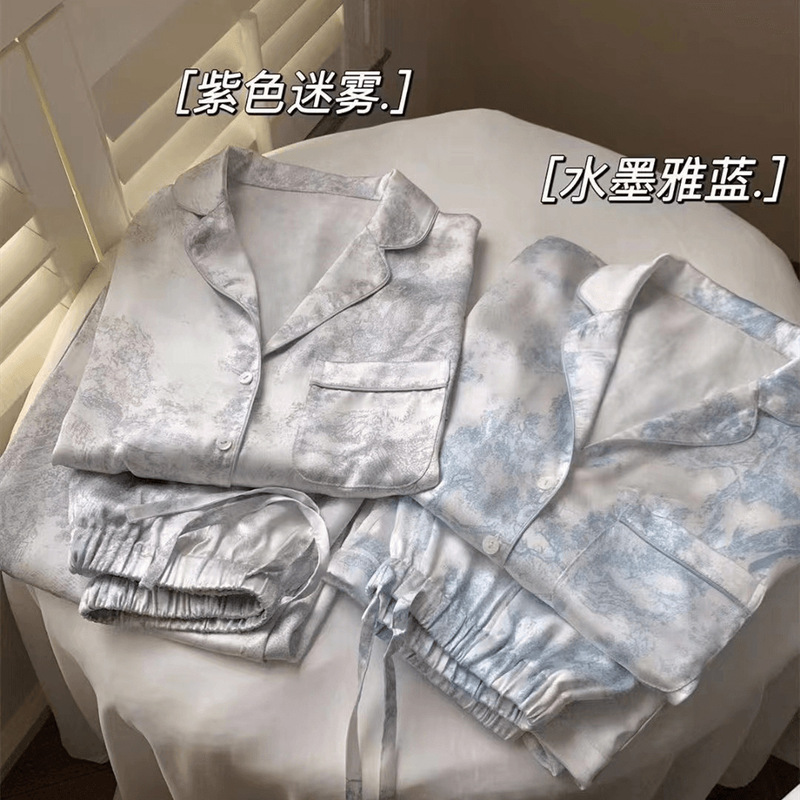 [Wink Painting] Pajamas Women's Ice Silk Summer Fresh Ink Painting Set Satin Chiffon Lazy Style Women's Home Clothes