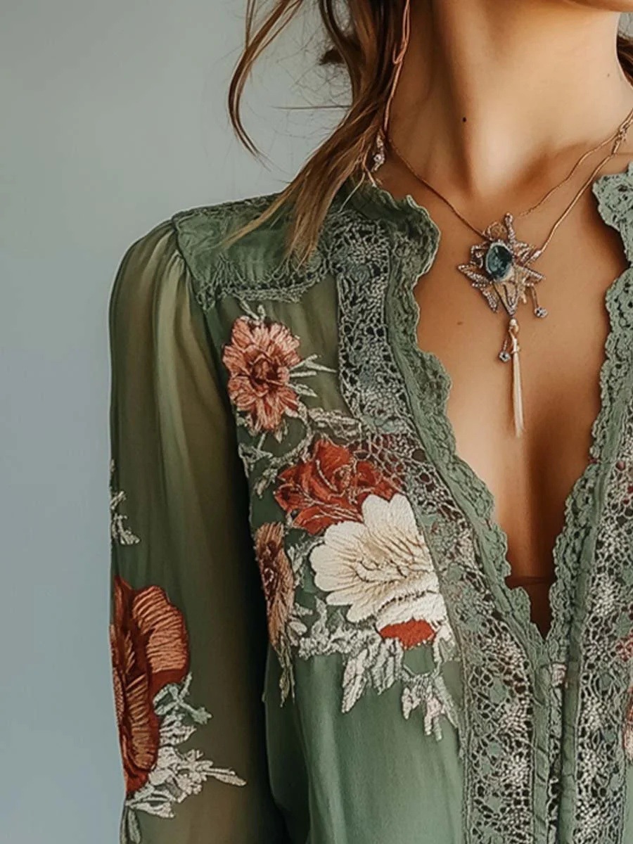 Elegante Damen V-ausschnitt Langarm Bluse Mit Print Für Den Alltag_voghion.com