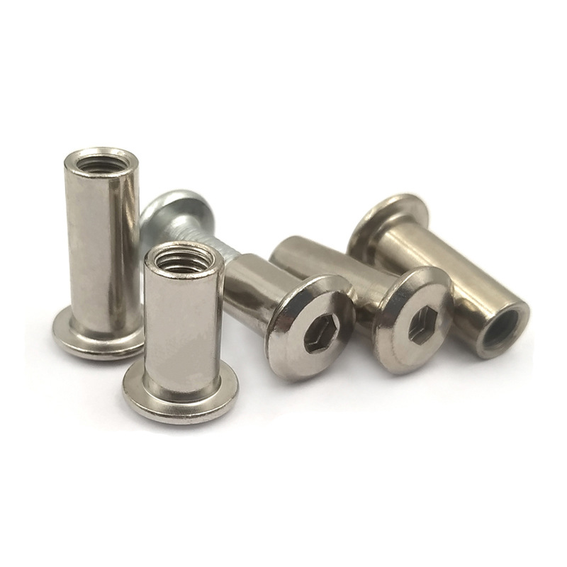 铁镀镍倒边平面内六角夹板螺母碳钢对锁螺丝家具对敲子母钉M6