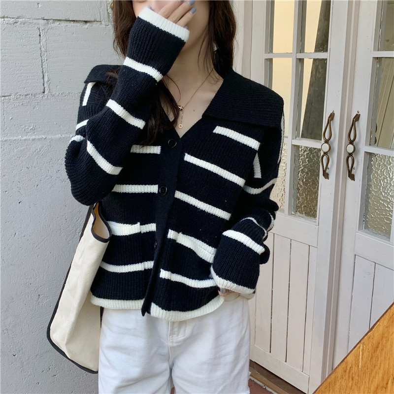 条纹毛衣外套女2025春秋新款日系甜美温柔风娃娃领小个子针织开衫|undefined