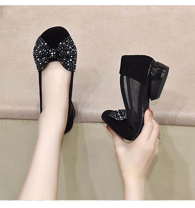 Sandal nữ bít mũi nơ da thật, gót thô 2 cm, miệng nông, vải lưới thoáng mát — Màu đen 2 cm chi tiết 10