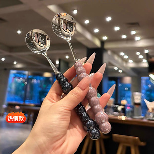 Pearl Imitation Ceramic Handle Stainless Steel Round Spoon INS Dining Spoon