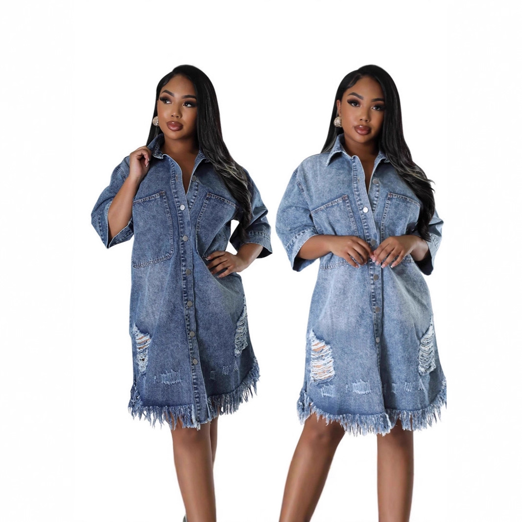 Amazon Independent Site Aliexpress Cross-Border Women's New Denim Jacket Ripped Tassel Short-Sleeved Lapel European and American Trend