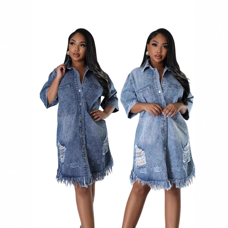 Amazon Independent Site Aliexpress Cross-Border Women's New Denim Jacket Ripped Tassel Short-Sleeved Lapel European and American Trend